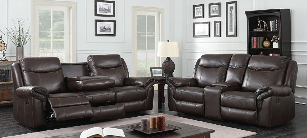 Brown breathable leatherette power recliner sofa by Furniture of America
