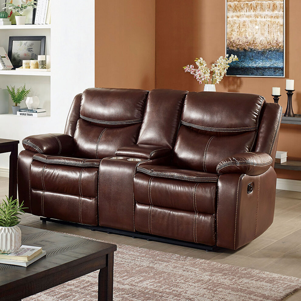 Superior cognac brown leatherette recliner loveseat by Furniture of America