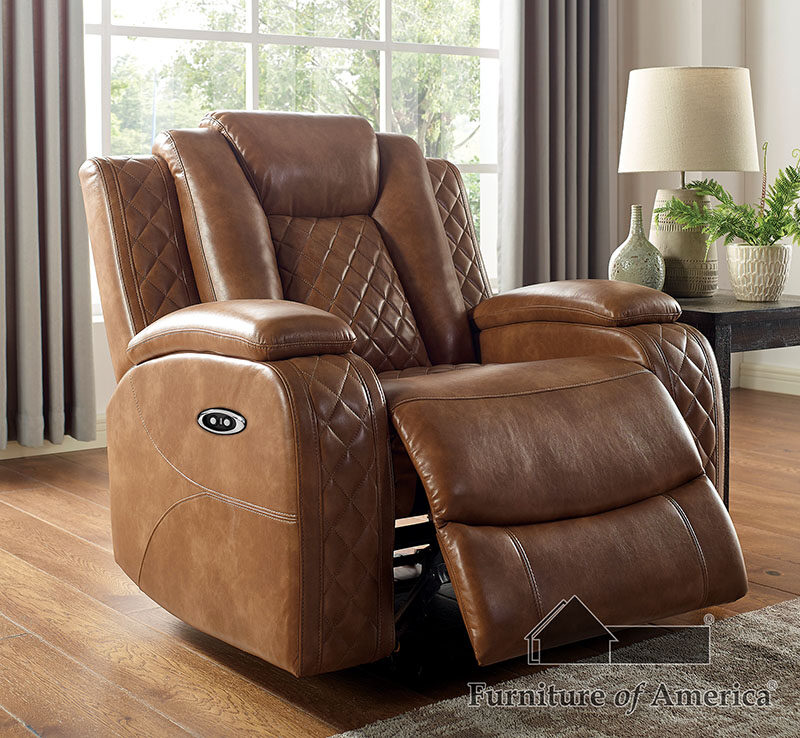 Brown deluxe detailed upholstery power recliner chair by Furniture of America