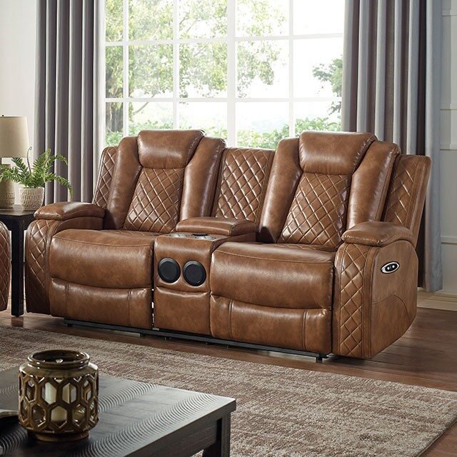 Brown deluxe detailed upholstery power recliner loveseat by Furniture of America