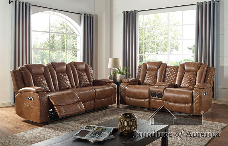 Brown deluxe detailed upholstery power recliner sofa by Furniture of America