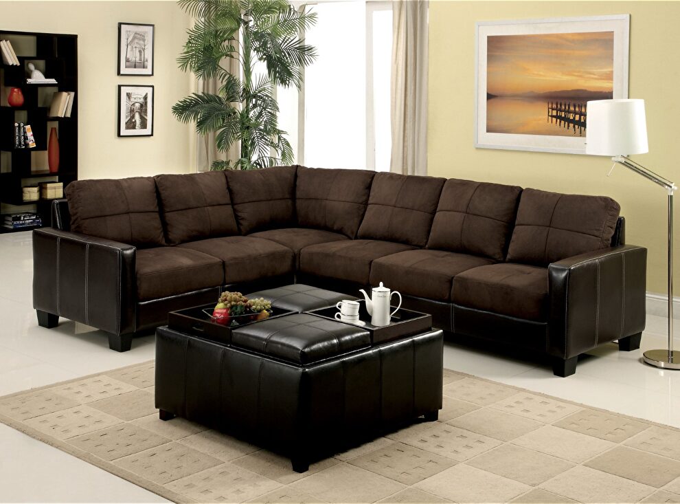 Two toned sectional sofa trimmed in espresso leatherette by Furniture of America