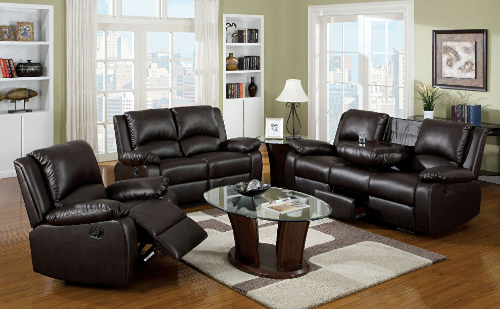 Rustic dark brown leatherette motion recliner sofa w/ flip-down table by Furniture of America
