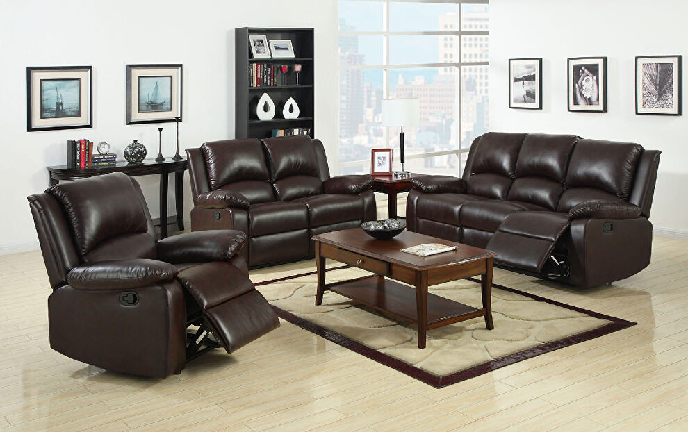 Rustic dark brown leatherette motion recliner sofa by Furniture of America