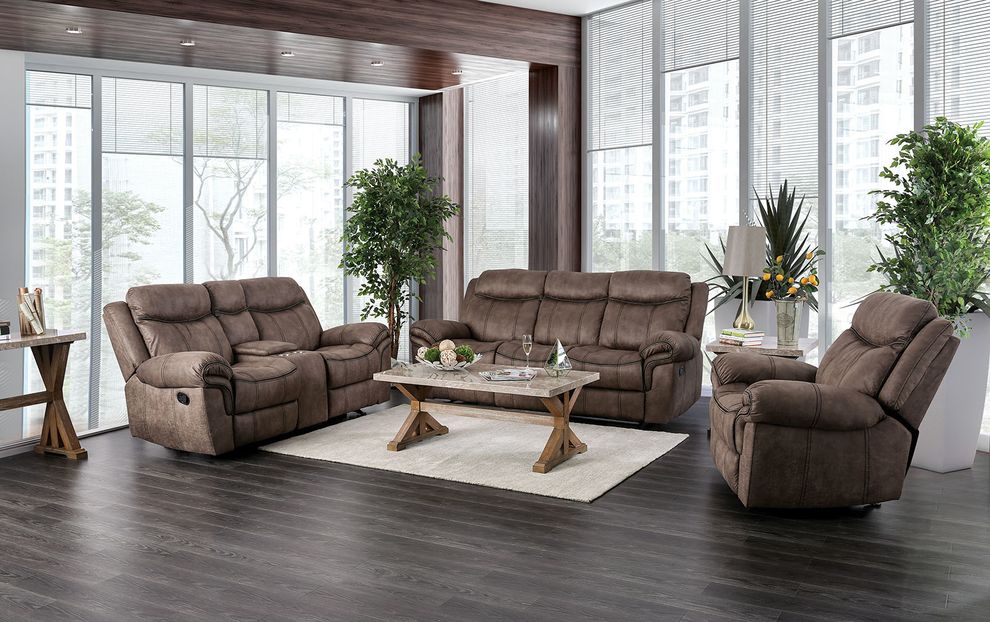 Brown traditional reclining sofa by Furniture of America