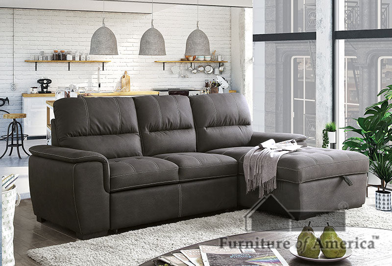 Graphite nubuck upholstered sleeper sectional sofa by Furniture of America