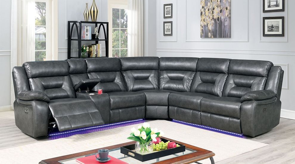Gray leather / contemporary recliner sectional w/ LED by Furniture of America