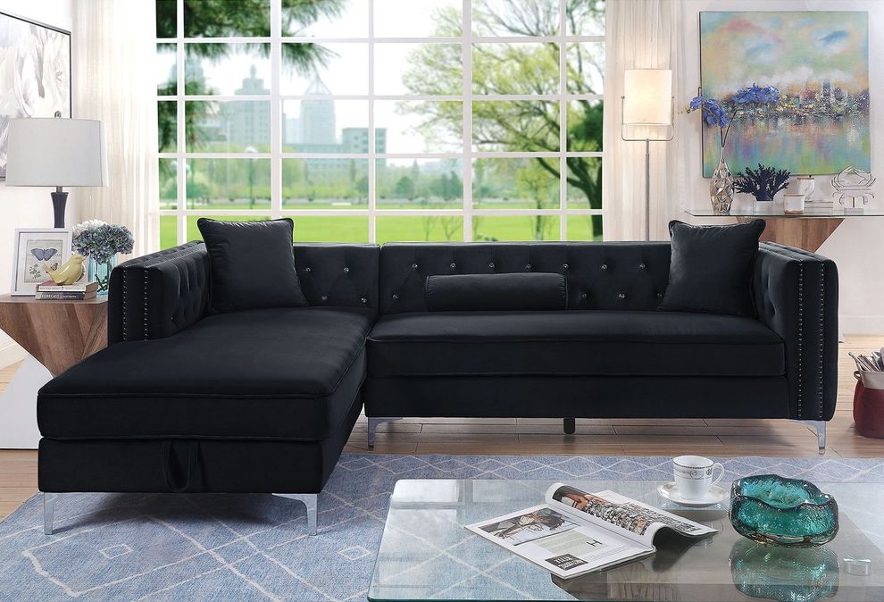 Black transitional sectional w/ chaise storage by Furniture of America