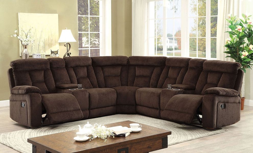 Large recliner sectional in brown w/ 2 consoles by Furniture of America