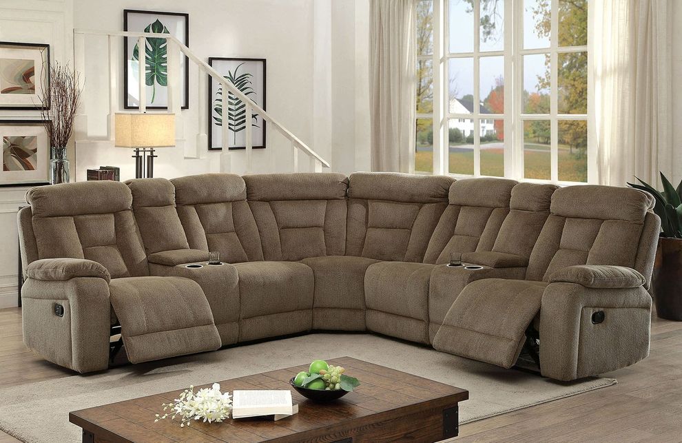 Large recliner sectional in mocha w/ 2 consoles by Furniture of America