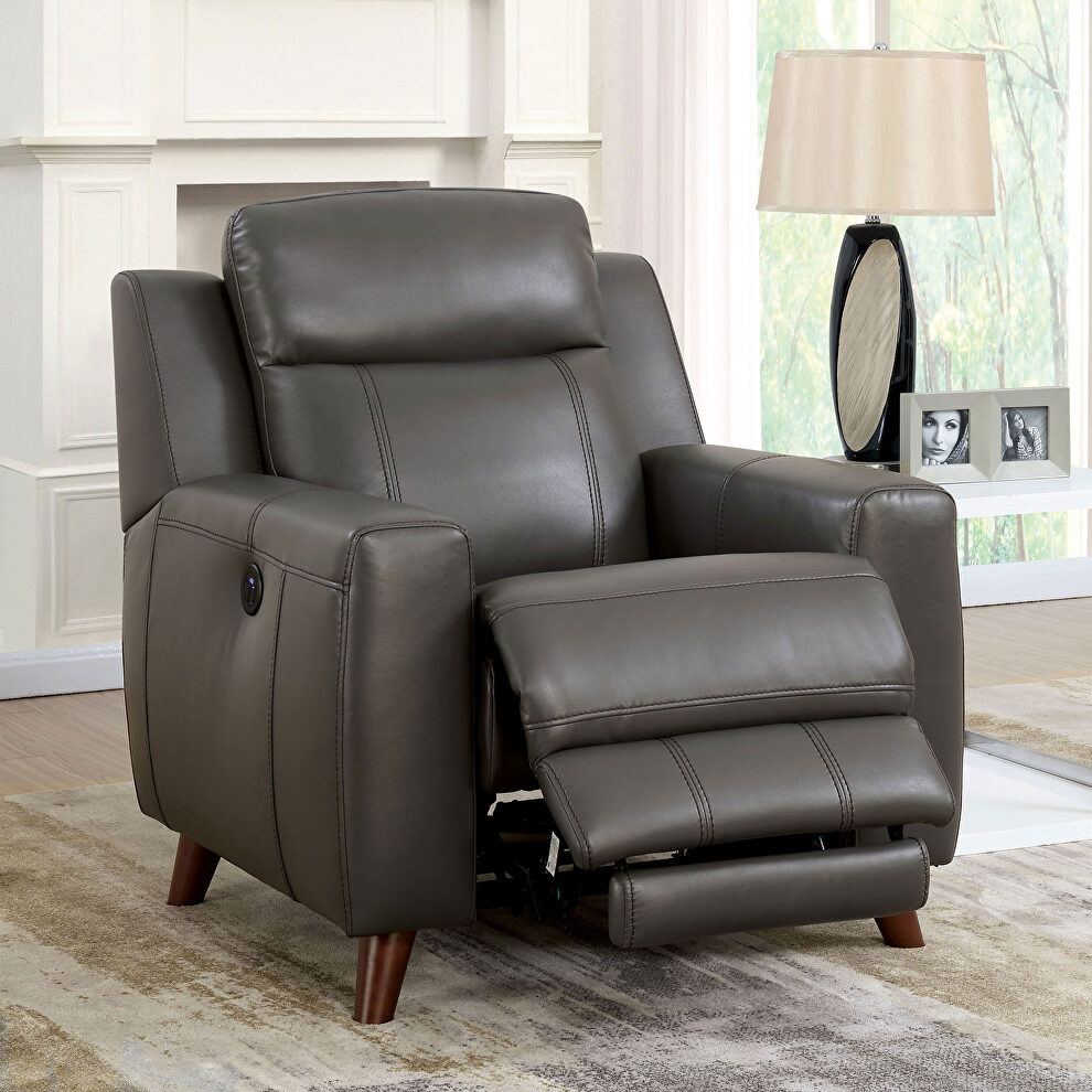 Gray breathable leatherette power motor recliner chair by Furniture of America