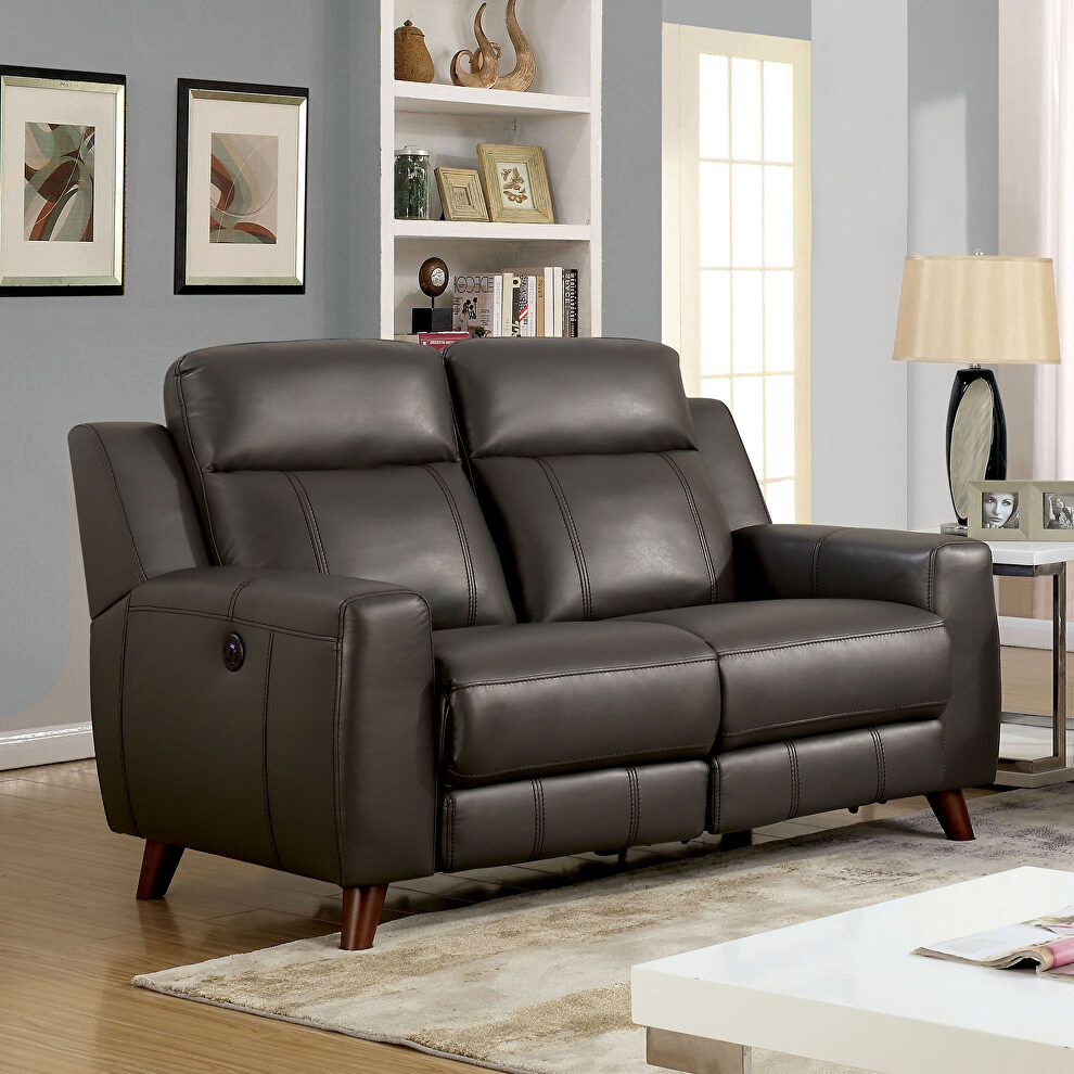 Gray breathable leatherette power motor recliner loveseat by Furniture of America