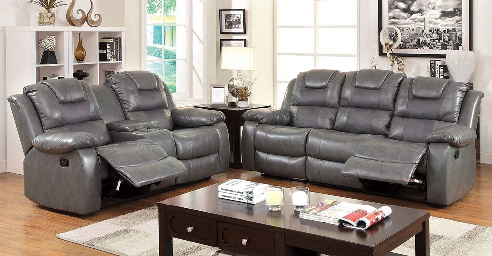 Gray Transitional Sofa w/ 2 Recliners & Drop-Down Table, Gray by Furniture of America