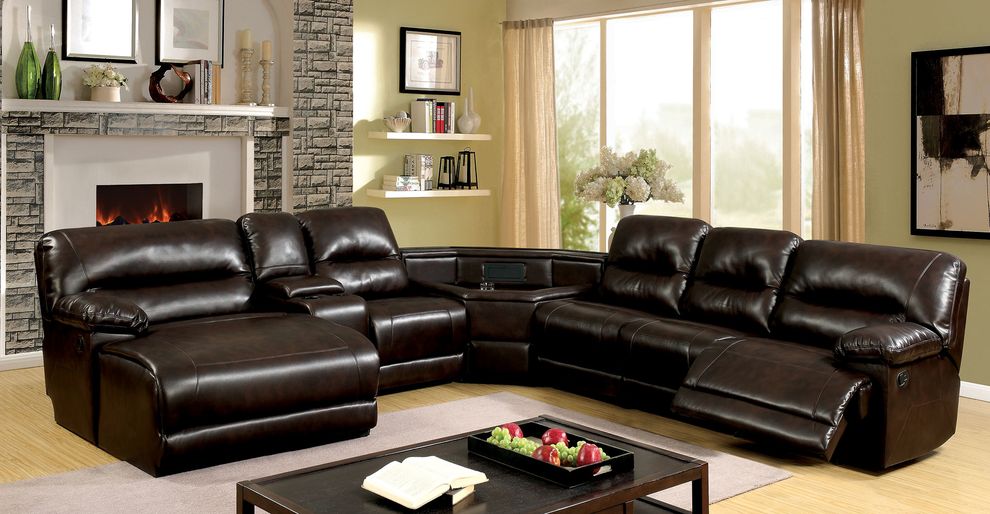 Brown reclining sectional sofa w/ corner table by Furniture of America
