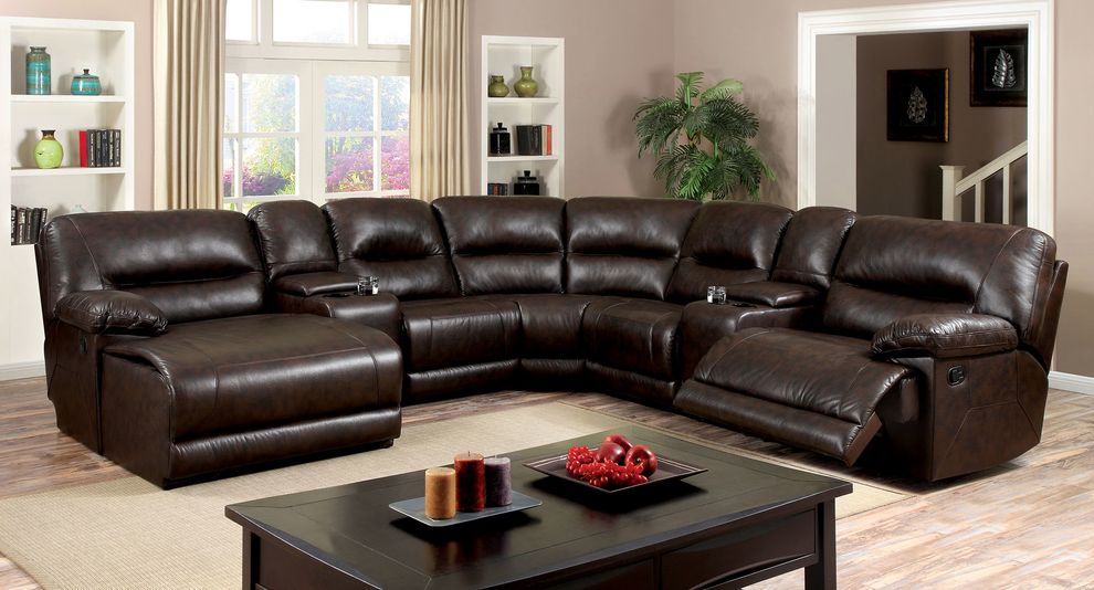 Recliner sectiional in dark brown w/ 2 consoles by Furniture of America