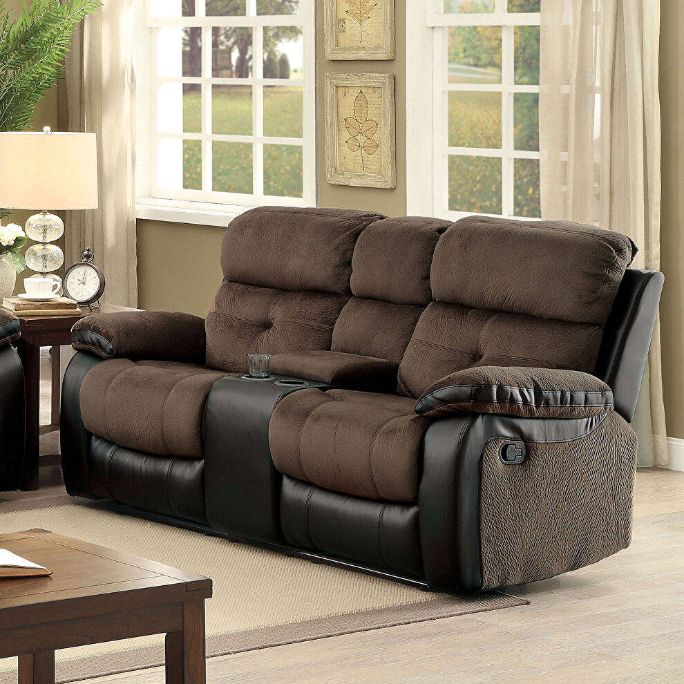 Unique brown/black casual style recliner loveseat w/ console by Furniture of America