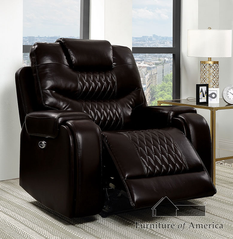 Diamond tufted brown faux leatheratte power recliner chair by Furniture of America