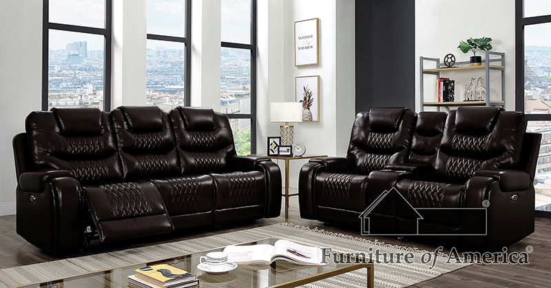 Diamond tufted brown faux leatheratte power recliner sofa by Furniture of America