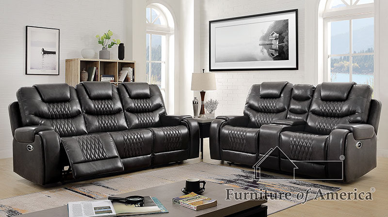 Diamond tufted gray faux leatheratte power recliner sofa by Furniture of America
