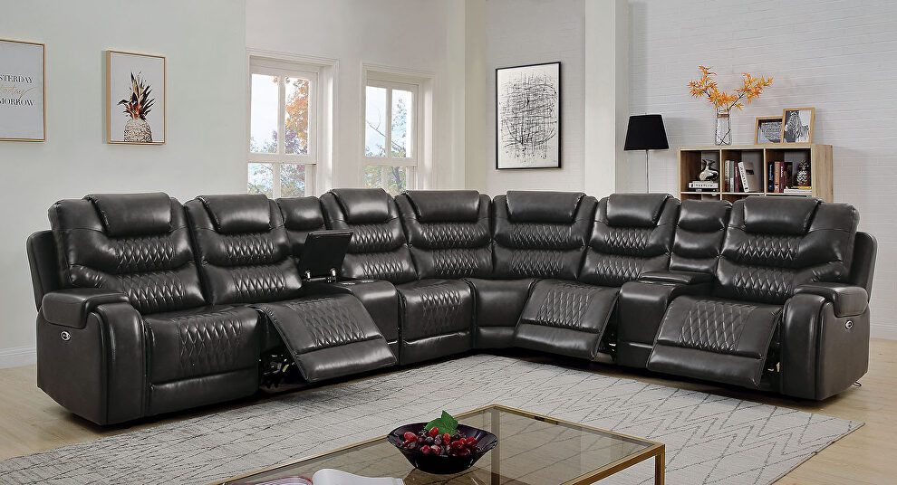 Diamond tufted design faux leatherette power recliner sectional sofa by Furniture of America