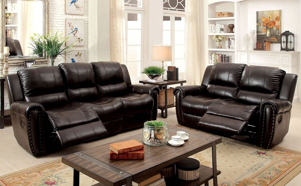 Traditional recliner sofa in brown leather by Furniture of America
