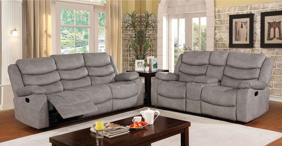 Light gray contemporary sofa w/ 2 recliners by Furniture of America