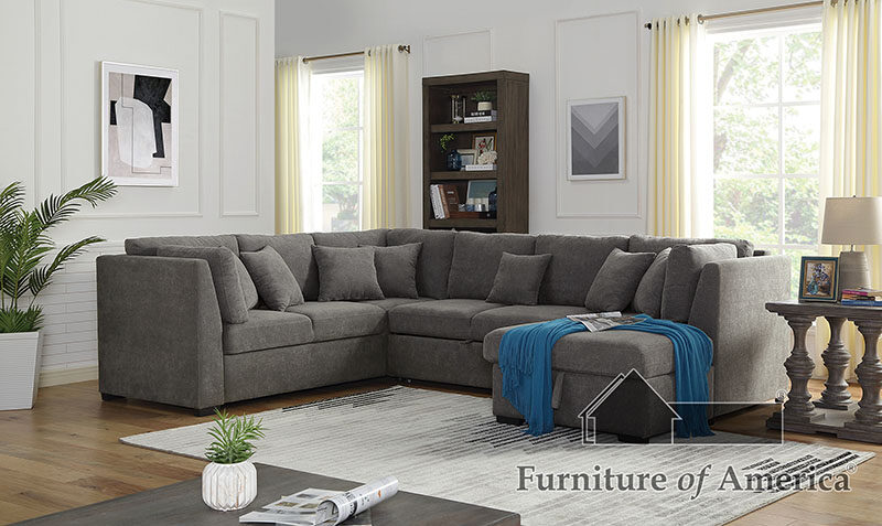 Unique wrap-around design gray fabric sectional sofa by Furniture of America