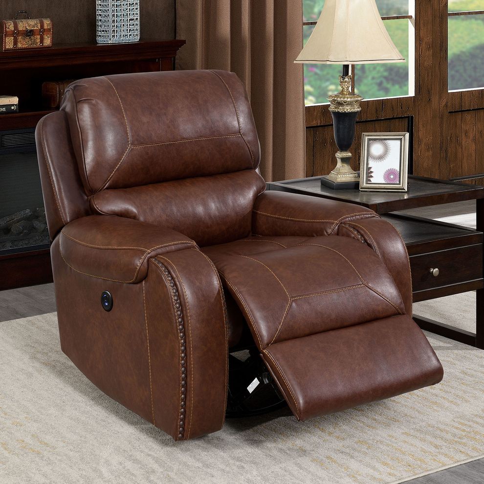 Brown transitional power recliner chair by Furniture of America