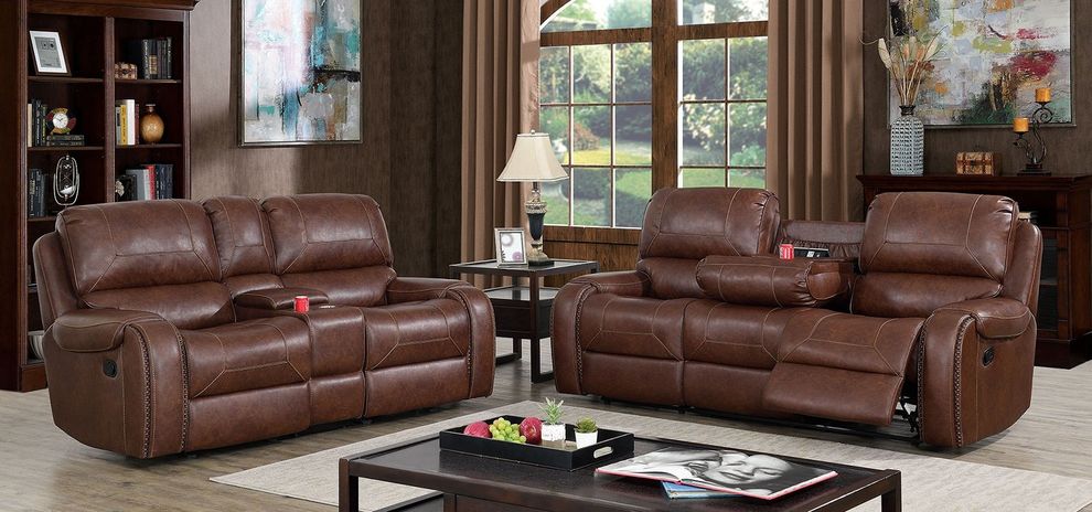 Brown transitional power recliner sofa by Furniture of America