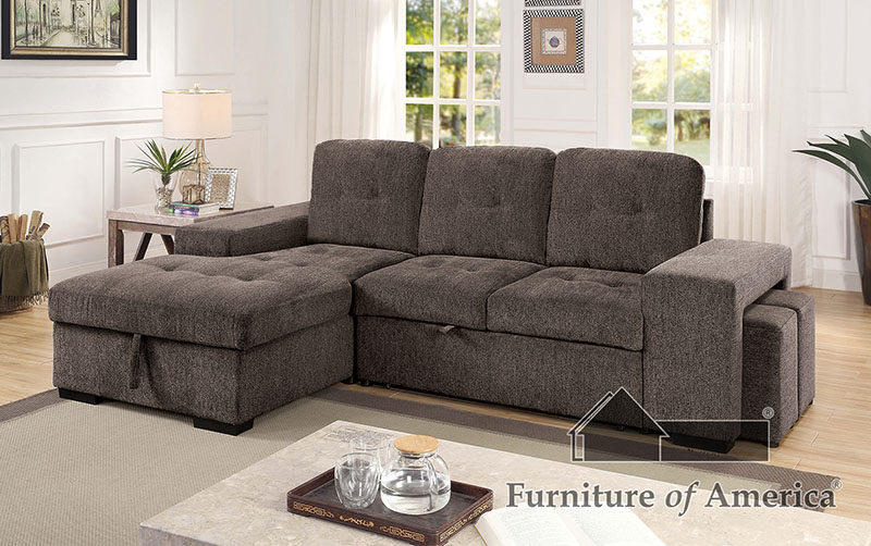 Multi-functional button tufted warm gray fabric sectional sofa by Furniture of America