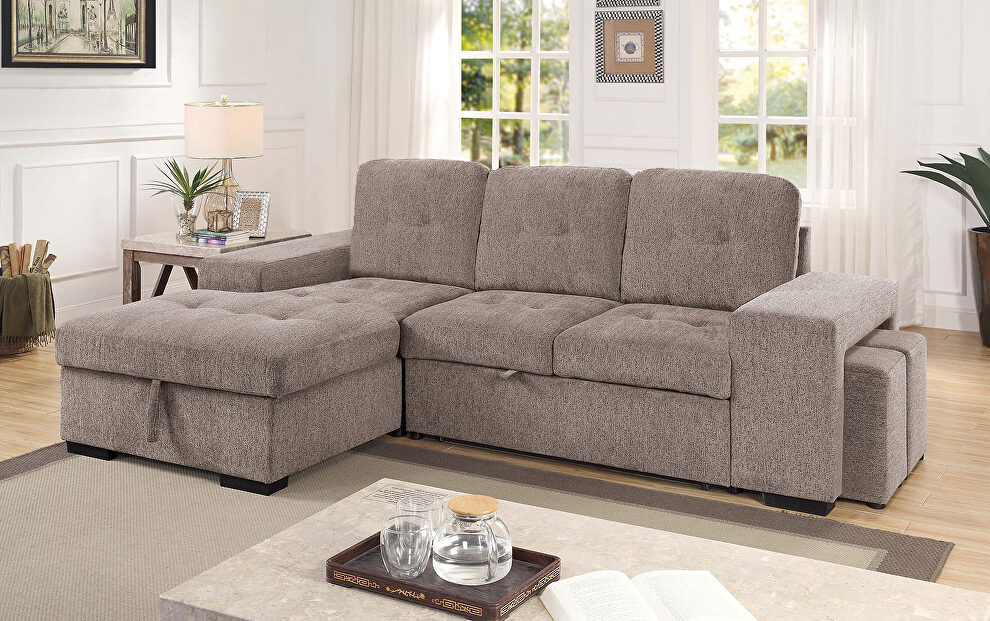 Multi-functional button tufted warm light fabric sectional sofa by Furniture of America