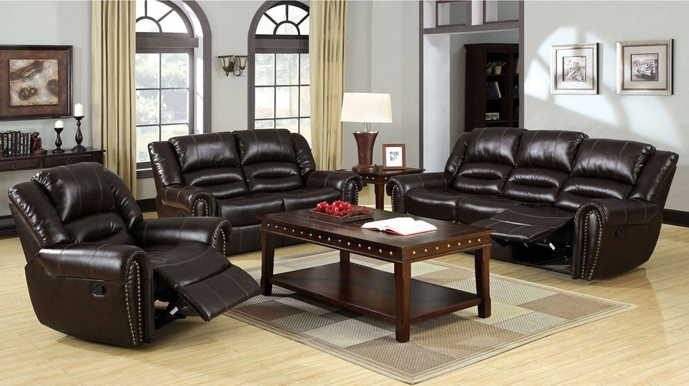 Dark Brown Transitional Sofa w/ 2 Recliners by Furniture of America