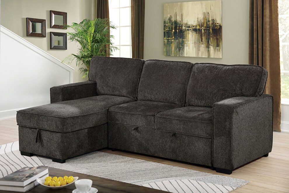Mid-size dark gray chenille sleeper sectional sofa by Furniture of America