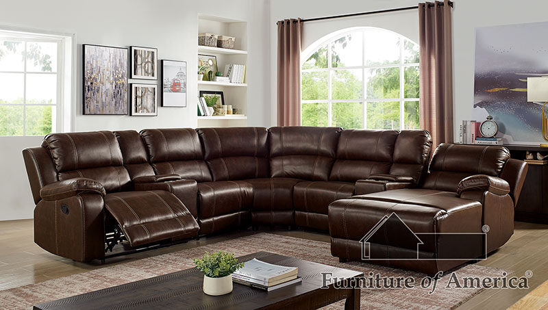 Transitional recliner sectional upholstered in brown durable leatherette by Furniture of America