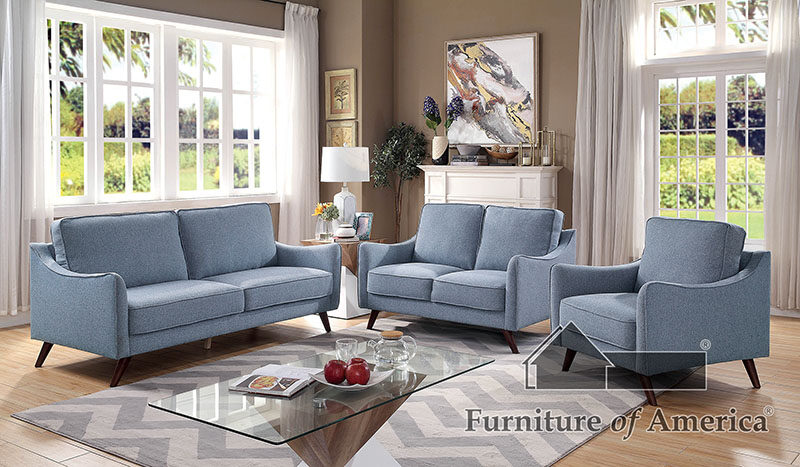 Light blue linen-like fabric transitional sofa by Furniture of America