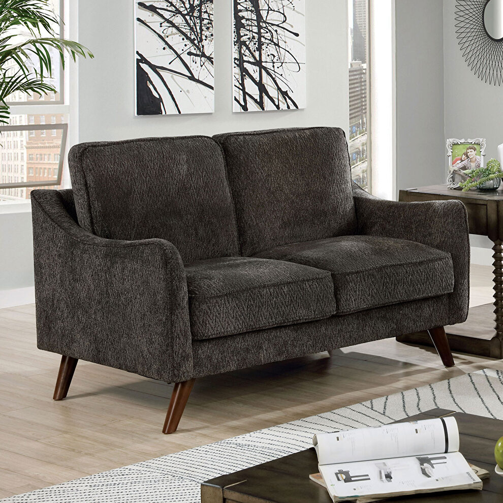 Mid-century modern style dark gray chenille fabric loveseat by Furniture of America