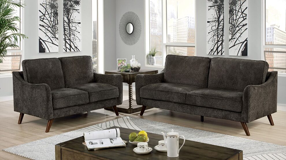 Mid-century modern style dark gray chenille fabric sofa by Furniture of America