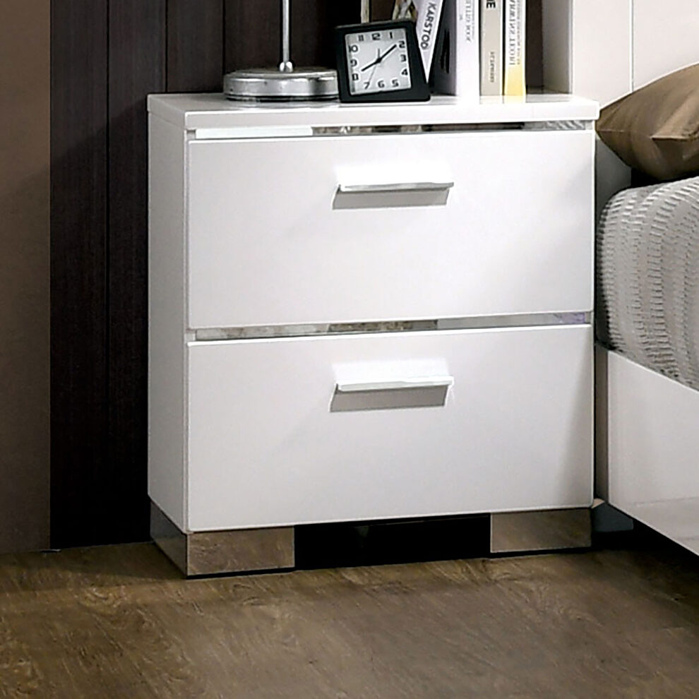 White/ chrome high gloss lacquer coating nightstand by Furniture of America