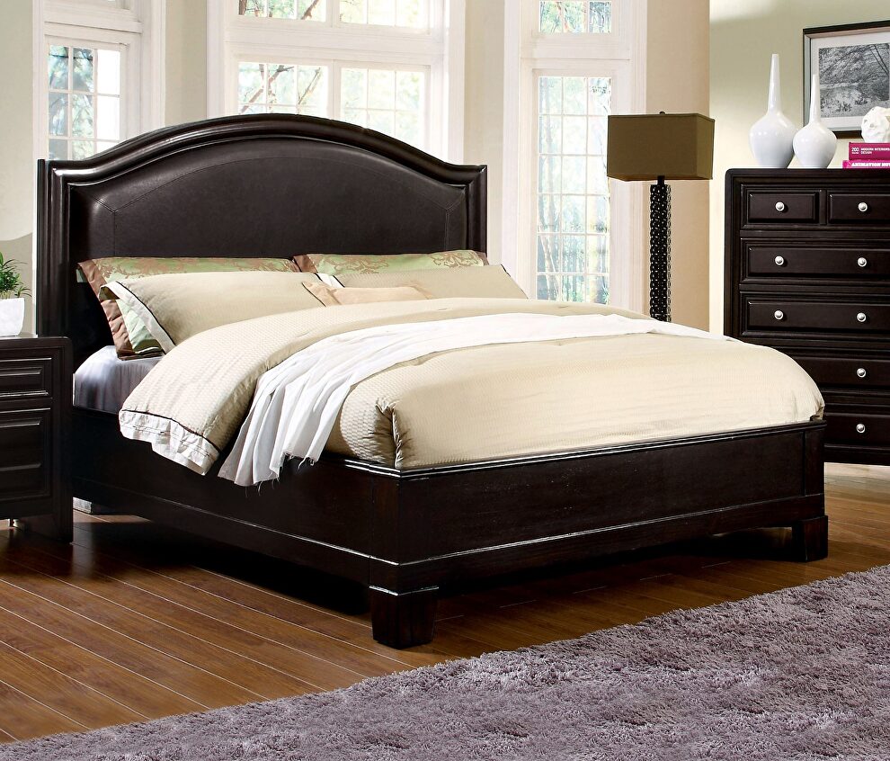 Espresso leatherette padded headboard transitional king bed by Furniture of America