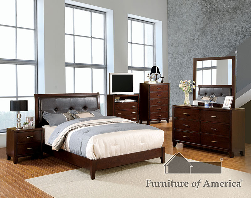Brown cherry leatherette button tufted headboard contemporary bed by Furniture of America