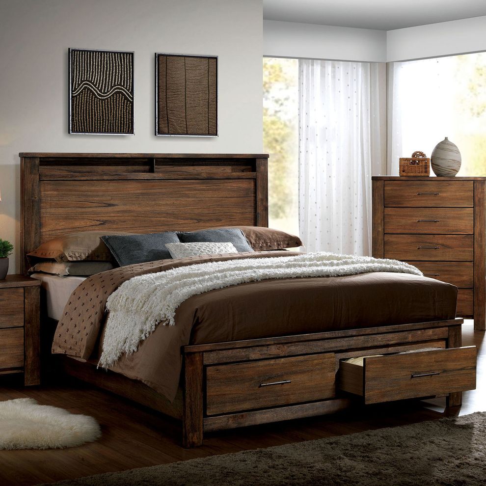 Oak wooden finish bed w/ bookcase / footboard storage by Furniture of America