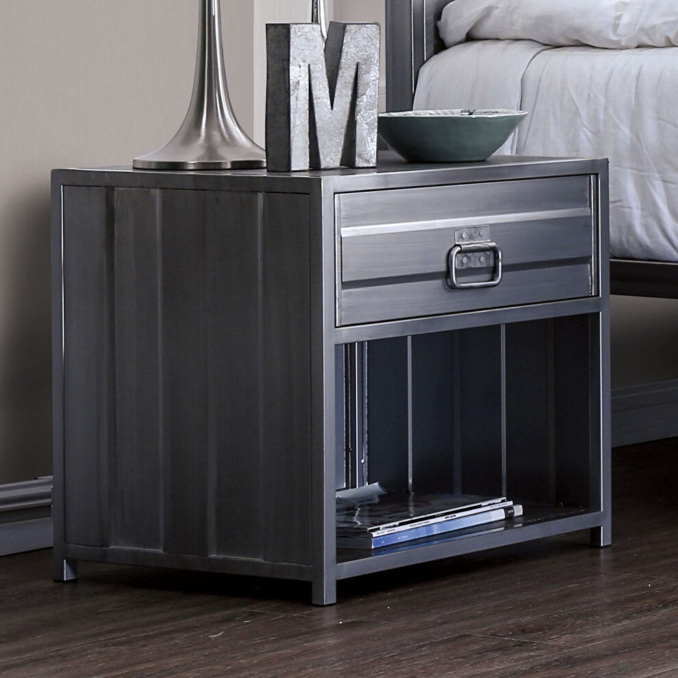 Hand brushed silver metal frame construction industrial nightstand by Furniture of America