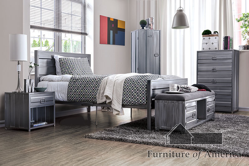 Hand brushed silver metal frame construction industrial bed by Furniture of America