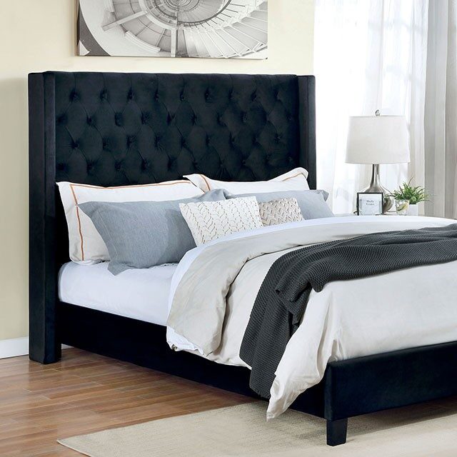 Black velvet-like fabric transitional style king bed by Furniture of America