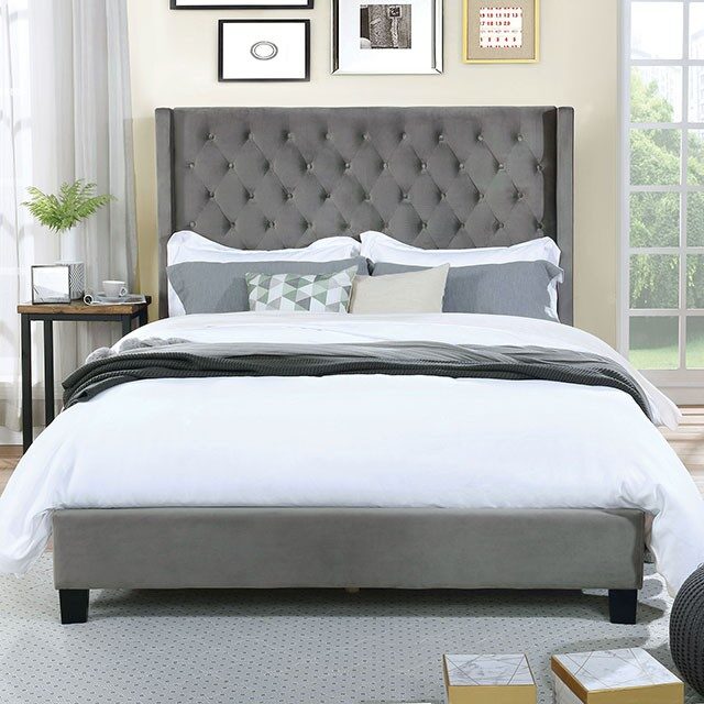 Gray velvet-like fabric transitional style king bed by Furniture of America