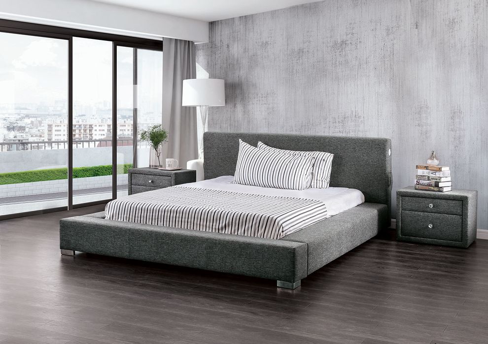 Ultra low-profile modern dark gray fabric platform bed by Furniture of America