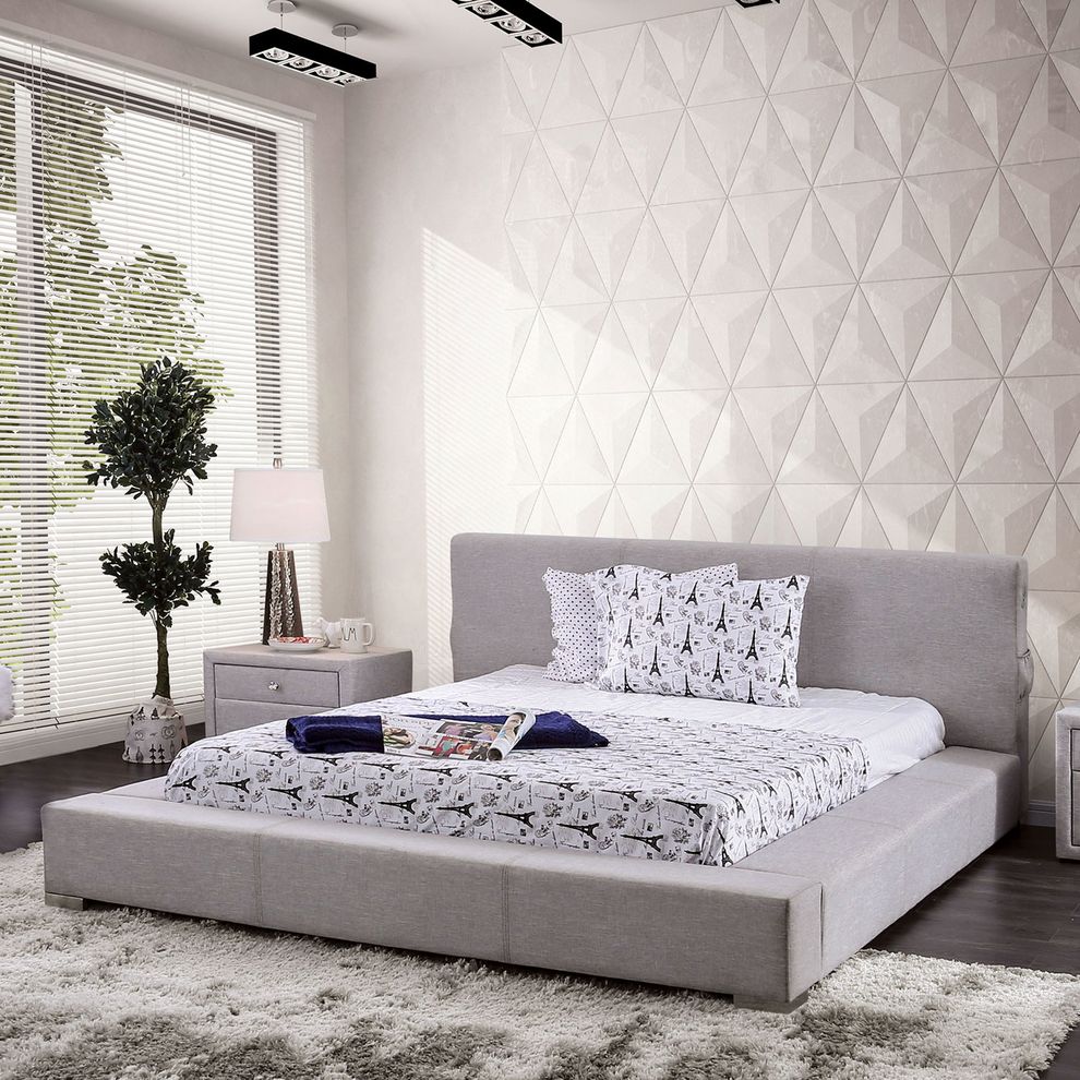 Ultra low-profile modern light gray fabric king bed by Furniture of America