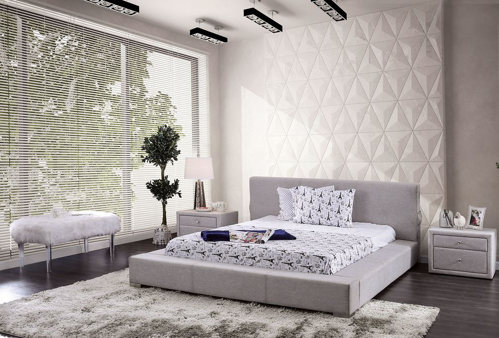 Ultra low-profile modern light gray fabric platform bed by Furniture of America