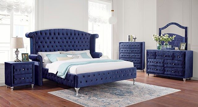 Blue padded flannelette fabric glam style bed by Furniture of America