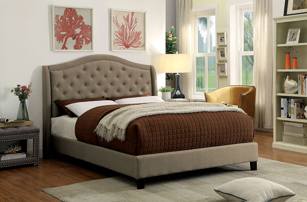 Warm gray camelback headboard transitional bed by Furniture of America